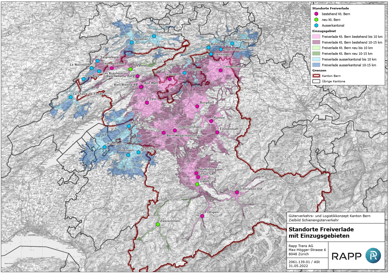 Standorte Freiverlade mit Einzugsgebieten auf einem Kartenausschnitt (Kanton Bern und  umliegende Kantone)