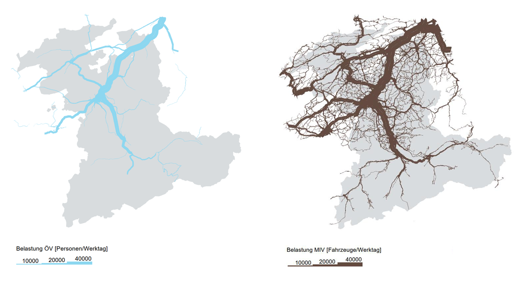 Karte der Netzbelastung im Kanton Bern 2019, Hauptachsen bis zu 40'000 Personen (ÖV) bzw. Fahrzeuge (MIV)